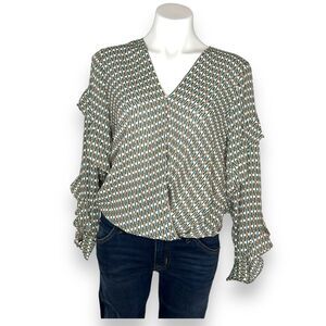 New MAX STUDIO Boho Print Faux Wrap Chiffon Boho Peasant Blouse Long Sleeve Sz M